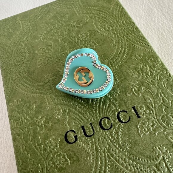 NEW Gucci Heart Shaped Hair Clip with Intertwined G's Blue Green Crystal - Picture 4 of 8